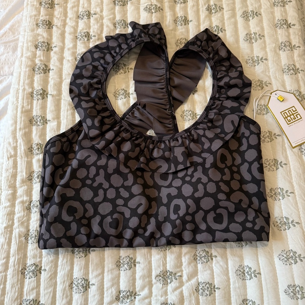 Emily McCarthy Ruffle Sport Bra in Black and gray noir cheetah